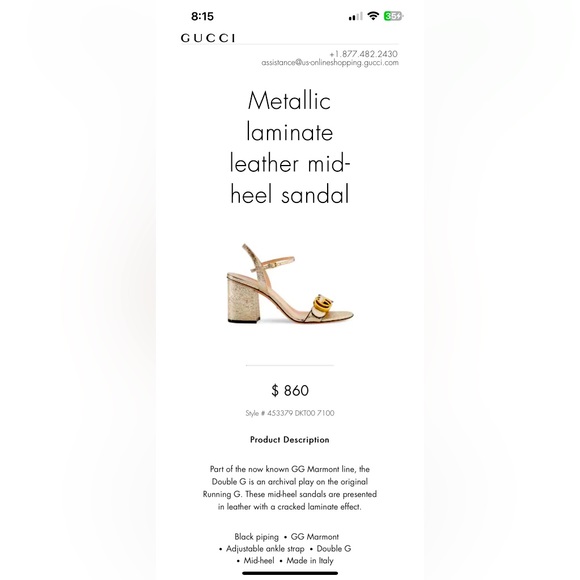 GUCCI Sexy Metallic Laminate Leather Mid Heel Sandal Double US Size 6, with Box. - Picture 16 of 16